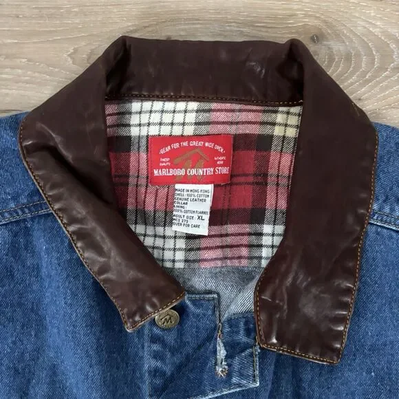 Marlboro Country Denim Jacket Mens Size XL Leather Collar Flannel Vintage 90s - Picture 2 of 8